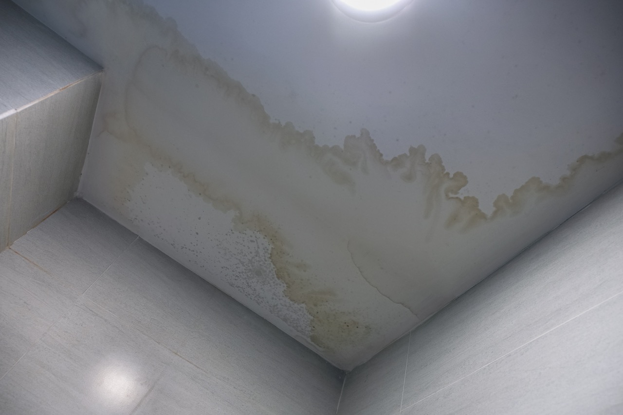 Wasserflecken und Feuchtigkeit an einer Zimmerdecke nach einem Wasserschaden